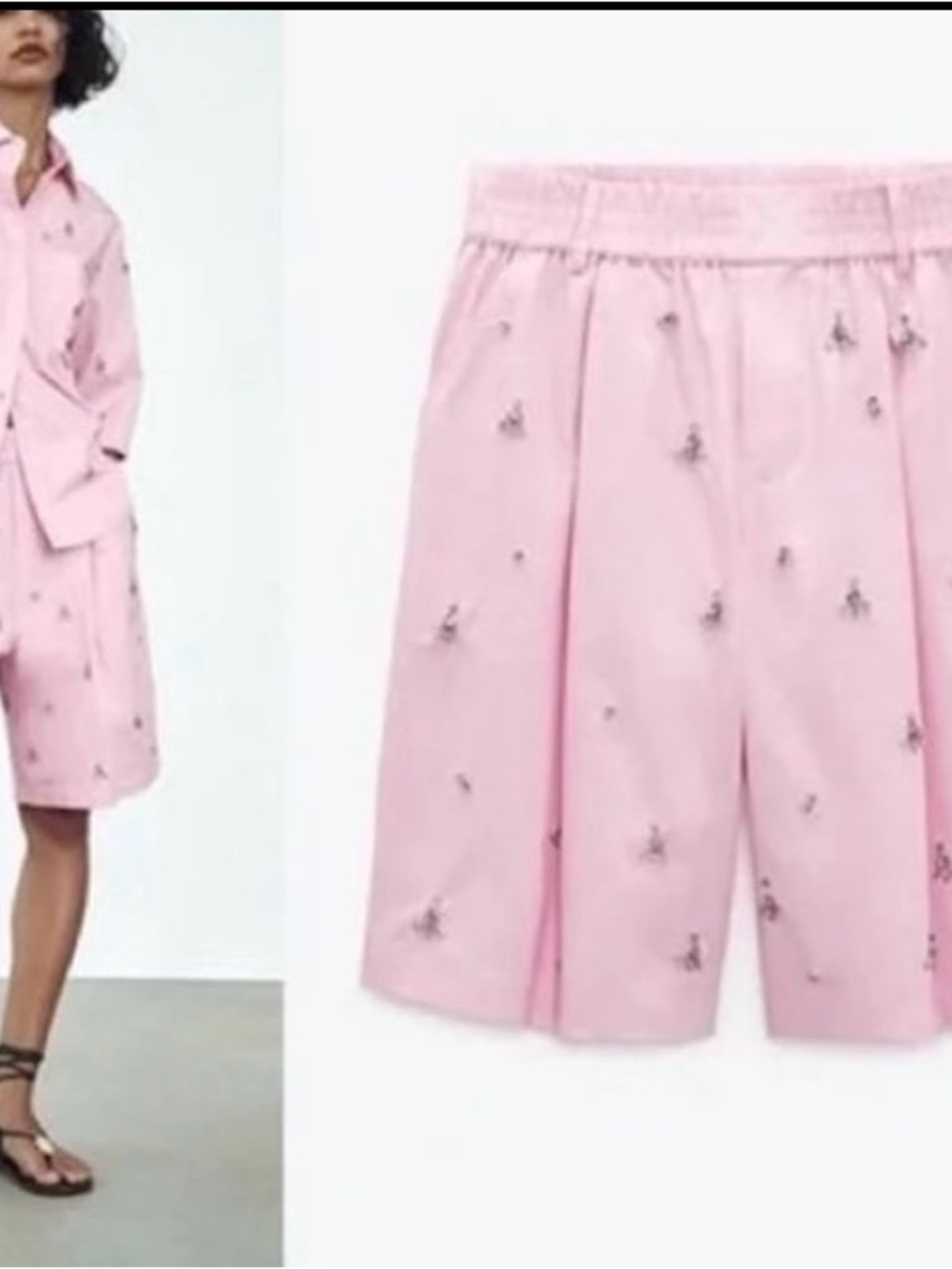 Zara Pink Embroidered Relaxed Bermuda Shorts